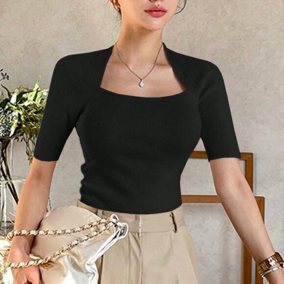 Tops - Black Casual Women's Fitted Transformable Square Neck Knit Top